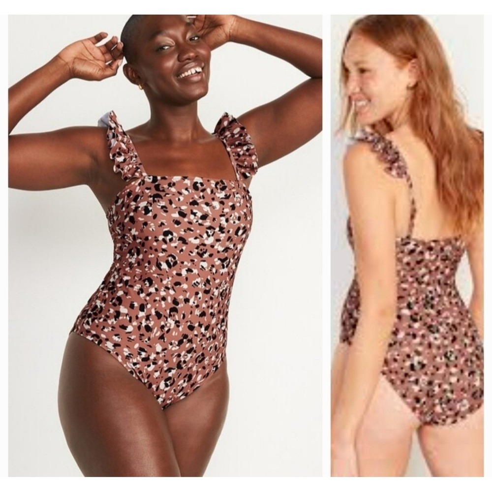 Old Navy SZ S Animal Print One Piece Square Neck Ruffled Straps Swim Suit NWT